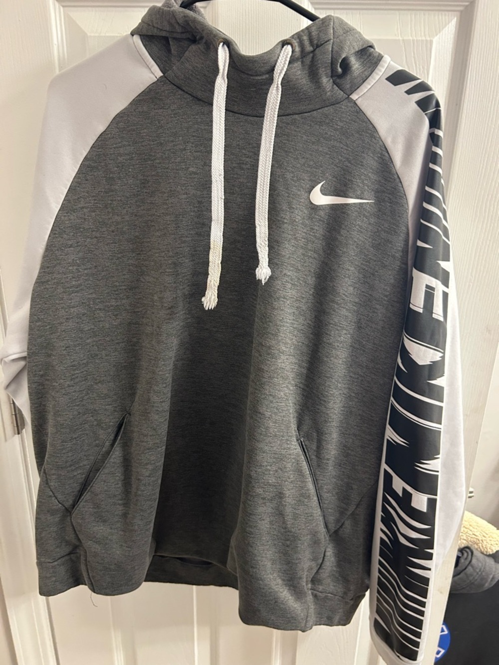 Nike Gray & White Men's Pullover Hoodie with Sleeve Logo